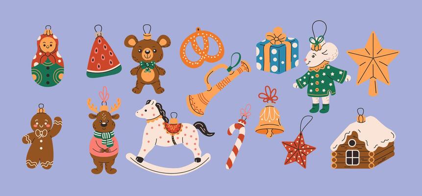 Christmas trees ornaments flat color objects set. Cute winter holiday decorative baubles illustrations bundle on purple background