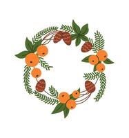 Christmas wreath with pine cones and tangerines flat color object. Winter holiday ornament illustration on white background vector