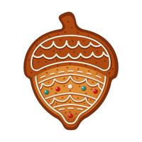 Gingerbread cookie in form of acorn flat color object. Delicious Christmas pastry for celebration holiday on white background vector