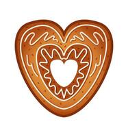 Heart shaped gingerbread cookie adorned with sweet glaze flat color object. Delicious homemade biscuit illustration on white background vector