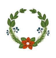 Christmas wreath with poinsettia flower flat color object. New Year garland with holiday elements illustration on white background vector