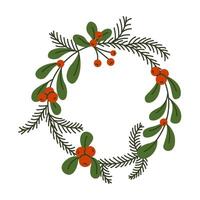 Handmade Christmas wreath with fir branches flat color object. Round ornament with berries for holidays illustration on white background vector