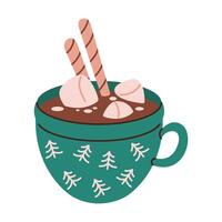 Hot chocolate with marshmallows flat color object. Warm festive beverage for Christmas eve illustration on white background vector