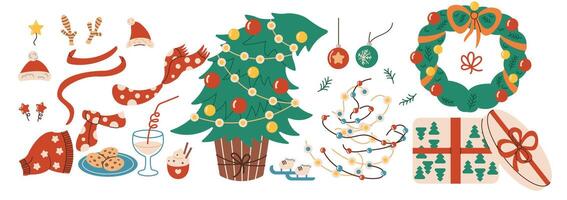 Traditional Christmas holiday attributes and accessories flat color objects set. New year ornaments illustrations bundle on white vector