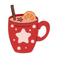 Homemade mulled wine with orange and spices flat color object. Warming Christmas drink in mug illustration on white background vector