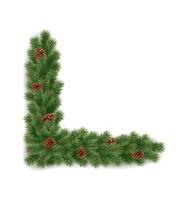 Fir branches corner frame with pine-cones realistic icon. Fresh spruce ornament for Christmas holidays 3d object illustration on white vector