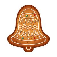 Christmas bell gingerbread cookie flat color object. Homemade biscuit. Festive pastry with icing pattern illustration on white background vector