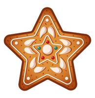 Holiday star gingerbread with cream pattern flat color object. Christmas biscuit for children treating illustration on white background vector