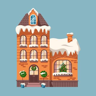 Building with Christmas tree and snowy roof flat color object. Vintage house decorated for winter holidays illustration on blue