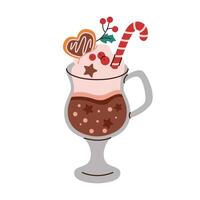 Cocoa with whipped cream in glass mug flat color object. Hot Christmas drink for holiday mood illustration on white background vector