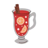 Glass of mulled wine with cinnamon stick flat color object. Warm Christmas drink with orange slices illustration on white background vector