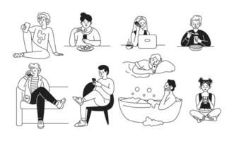 Young people using smartphones in everyday life linear icons set. Characters addicted from gadgets simple illustrations collection vector