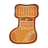 Gingerbread cookie in form of Christmas sock flat color object. Delicious pastry for celebrating holiday illustration on white background vector