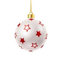 Festive glass bauble with red stars pattern realistic illustration. Christmas tree elegant ornament 3d object on white background vector