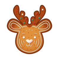 Funny deer face gingerbread cookie flat color object. Healthy Christmas biscuit decorated with icing illustration on white background vector