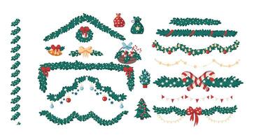 Various Christmas garlands for stalls flat color objects set. Festive decorations from pine for party illustrations bundle on white background vector