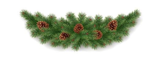 Conifer tree branches garland with pinecones realistic icon. Traditional Christmas ornament 3d object illustration on white background vector