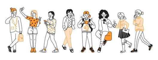Group of young people using smartphones in different way color line icons. Addiction from gadgets characters illustration collections vector