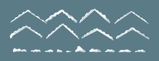 Snow caps for decorating house roofs flat color objects set. Concept of winter season illustrations bundle on green background vector