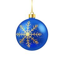 Blue New Year bauble with golden snowflake realistic illustration. Beautiful Christmas tree ornament 3d object on white background vector