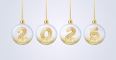 2025 golden number on glass ball baubles realistic composition. Celebrating New Year holiday with glitter 3d objects on white background vector