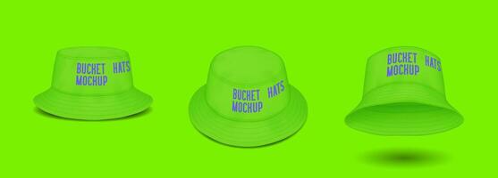 Stylish green bucket hats with design mockup realistic illustration set. Trendy caps for summer season 3d models on color background vector