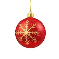 Christmas red bauble with snowflake pattern realistic illustration. Traditional New Year decorative ball 3d object on white background vector