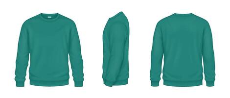 Fashionable sweatshirts mockup illustrations set. Clothes of turquoise color for cold days template 3d model on white background vector
