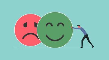 Emotional intelligence concept, balance emotion control, a man changing from sad expression face into happy expression face symbol vector