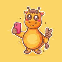 smiling giraffe animal character mascot taking a selfie with a smartphone isolated cartoon vector