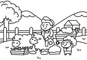 Shaving the sheep coloring pages style. vector