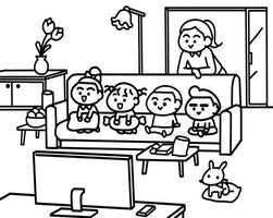 Watching television with friends coloring pages style. vector