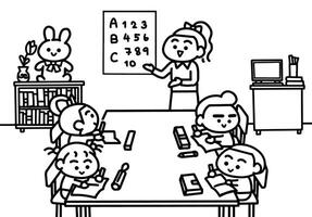 Children learning in classroom coloring pages style. vector