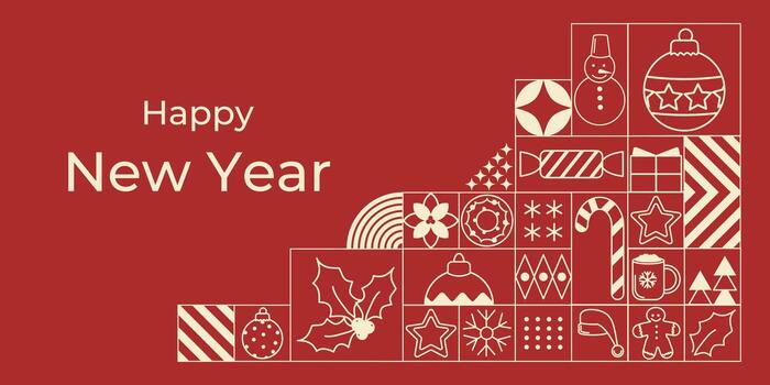 horizontal geométrico minimalista antecedentes con nuevo año en lineal estilo. moderno Navidad modelo. blanco lineal íconos en rojo antecedentes. Perfecto para invitaciones, tarjetas, carteles, cubre vector