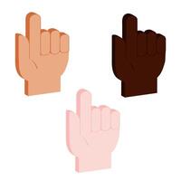set of isometric palm icon with pointing finger in three skin colors vector