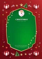 Merry Christmas sign banner frame with empty space and festive decoration on red background vector