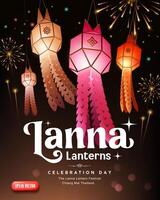 Lanna lanterns and yi peng lanterns thailand festival, colorful paper lantern style and firework at night poster flyer background vector