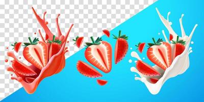 Strawberry slices with flying splash juice and fresh milk. Suitable for decoration, elements, food and drinks vector