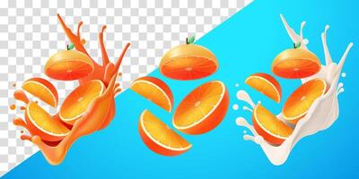 Orange slices with flying splash juice and fresh milk. Suitable for decoration, elements, food and drinks vector