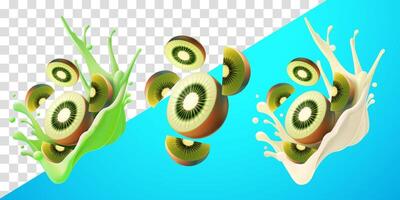 Kiwi slices with flying splash juice and fresh milk. Suitable for decoration, elements, food and drinks vector