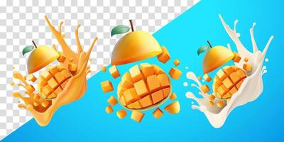Mango slices with flying splash juice and fresh milk. Suitable for decoration, elements, food and drinks vector
