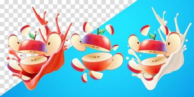Apple slices with flying splash juice and fresh milk. Suitable for decoration, elements, food and drinks vector
