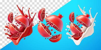 Pomegranate slices with flying splash juice and fresh milk. Suitable for decoration, elements, food and drinks vector