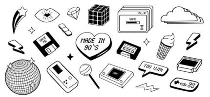 90s cute elements set. Retro games, gadgets, symbols of generation 90. Black color collection in doodle style. vector
