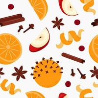 Mulled wine ingredients seamless pattern. Citrus fruits and spices. vector