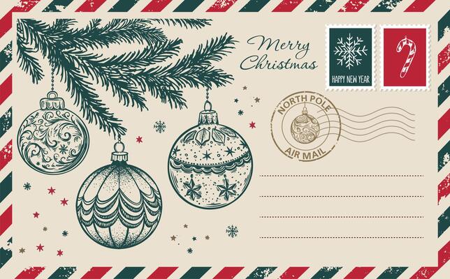 Christmas mail, postcard with toy, hand drawn illustration.