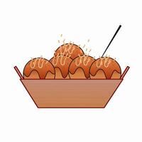illustration of takoyaki in a carrier complete with takoyaki sauce, sliced topping crumbs, and a stick to eat the takoyaki on. vector
