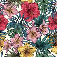 Elegant seamless pattern with tropical leaves and flowers exotic background vector