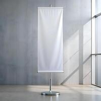 Banner flag stand mockup. Blank clear vertical white poster with space for logo or text near window with light grey rustic wall background in empty room photo