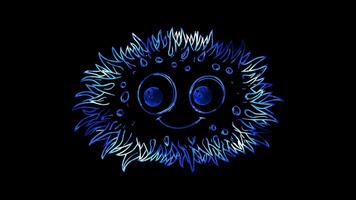 Neon frame effect, Urchin friendly sea urchin with spiky edges and big eyes on black background video